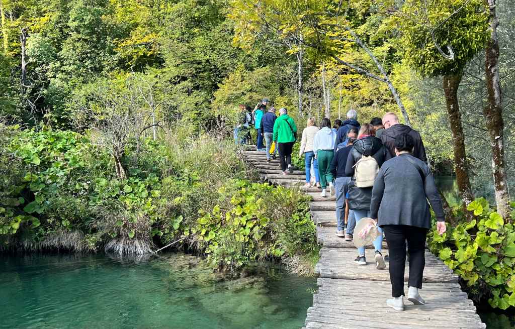 Crowds of visitors to Plitvice Lakes National Park in Croatia even in mid-September.