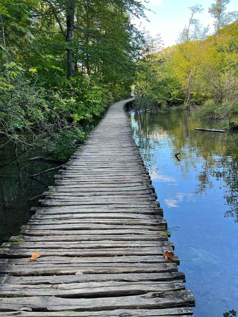 Wooden planks snake across the 16 lakes, Plitvice Lakes National Park in Croatia taking visitors across the edges of lakes, over water courses and near waterfalls to experience nature up close and personal.