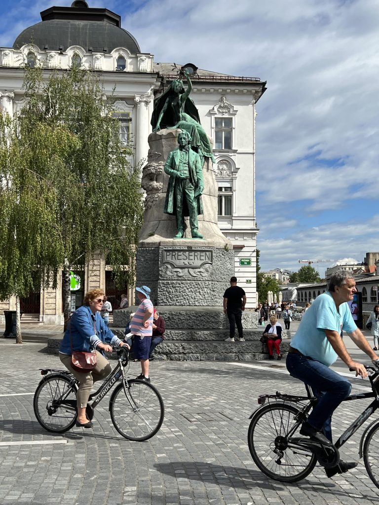 France Prešeren and the scandalous topless muse statue in Prešeren Square in Ljubljana, Slovenia.