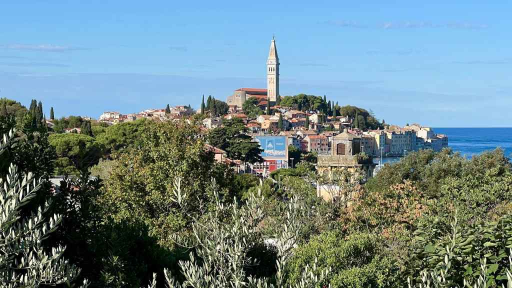 A view of the old Venetian town of Rovinj in Istria, Croatia, jutting out into the Adriatic Sea.