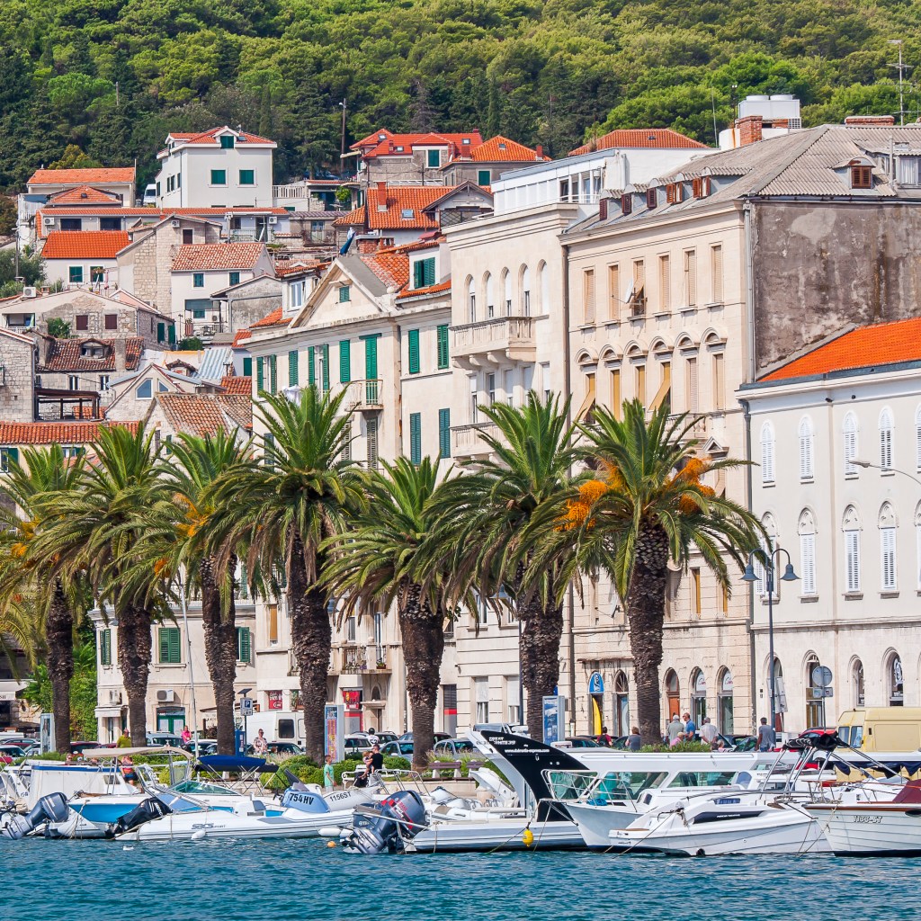 View of the Riva promenade in Split, Croatia. It is near the waterfront where ferries and small boats depart to and from the islands and even Italy.