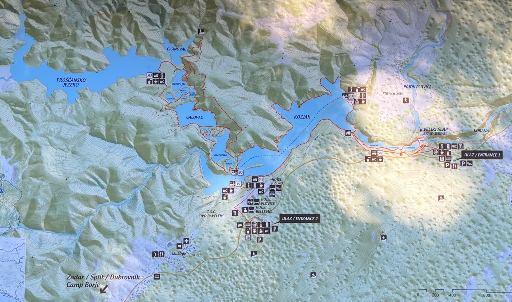 Map of Plitvice Lakes National Park in Croatia.